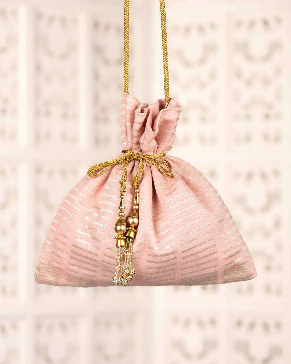 Pink Banarasi Silver Zari Horizontal Stipes Brocade Handwoven Cotton Potli 10"x10"-HolyWeaves