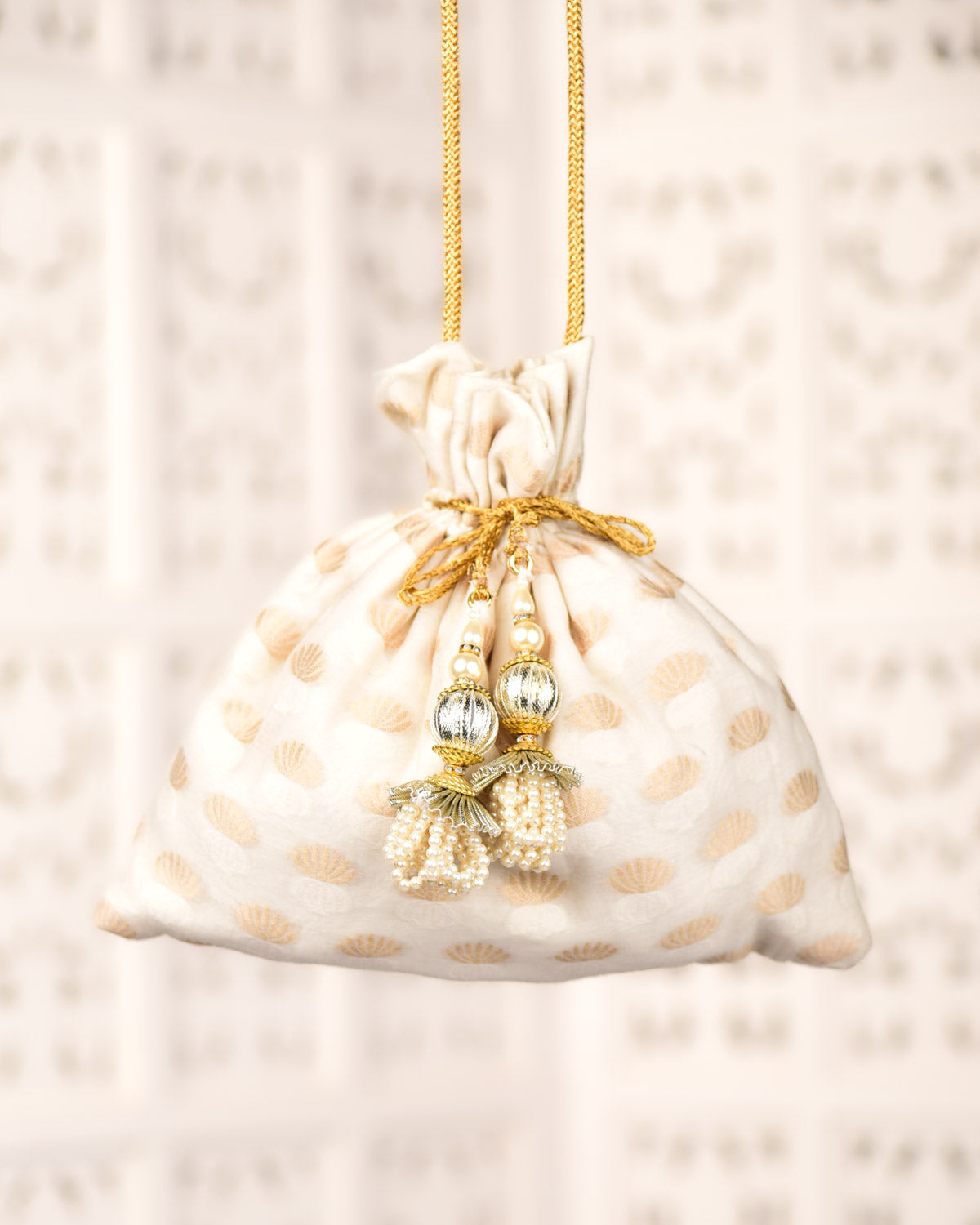 Cream Banarasi Resham Gold Zari Floral Buti Brocade Handwoven Cotton Potli 10"x11"-HolyWeaves