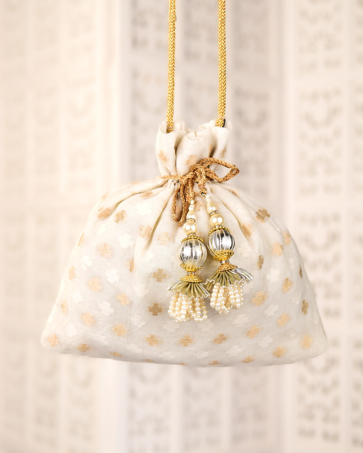 Cream Banarasi Gold Zari & Resham Buti Brocade Handwoven Cotton Potli 10"x10"-HolyWeaves