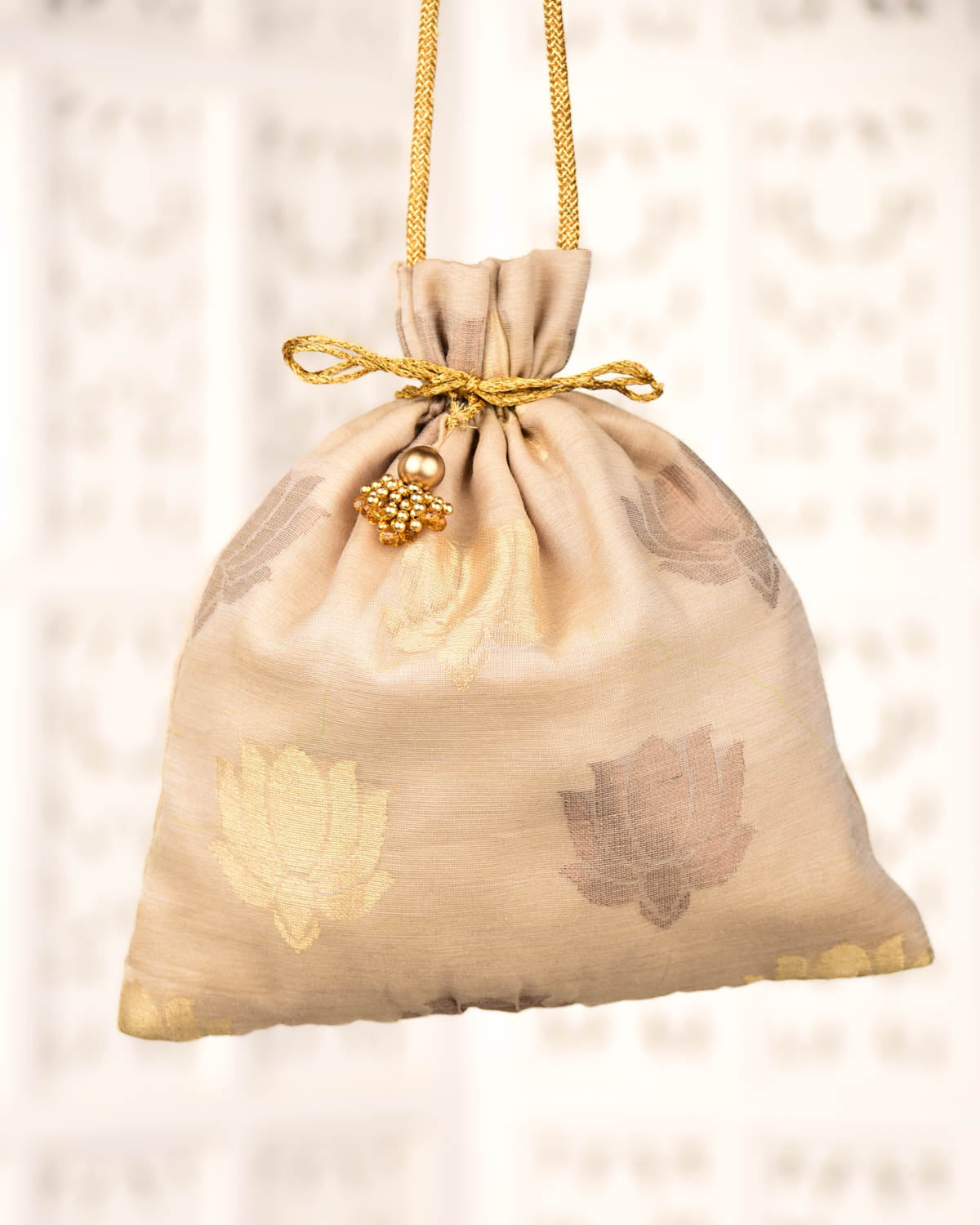 Beige Banarasi Gold & Antique Zari Lotus Buta Brocade Handwoven Monga Silk Potli 11"x10"-HolyWeaves