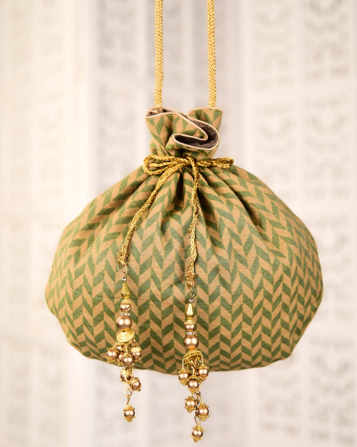 Beige-Green Banarasi Geometrical Tanchoi Handwoven Cotton Potli 10"x10"-HolyWeaves