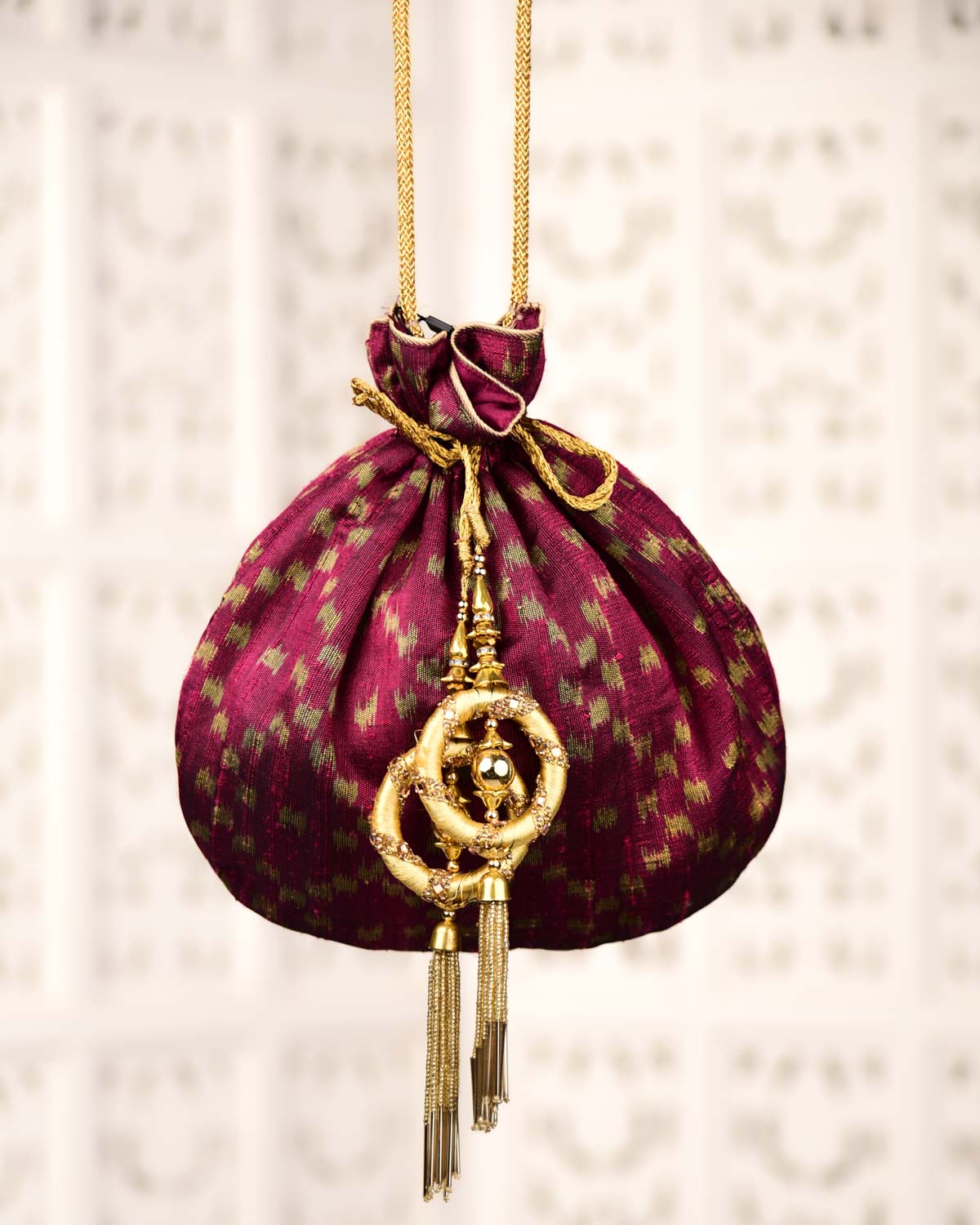 Mahogany Banarasi Ikat Handwoven Raw Silk Potli 10"x10"-HolyWeaves