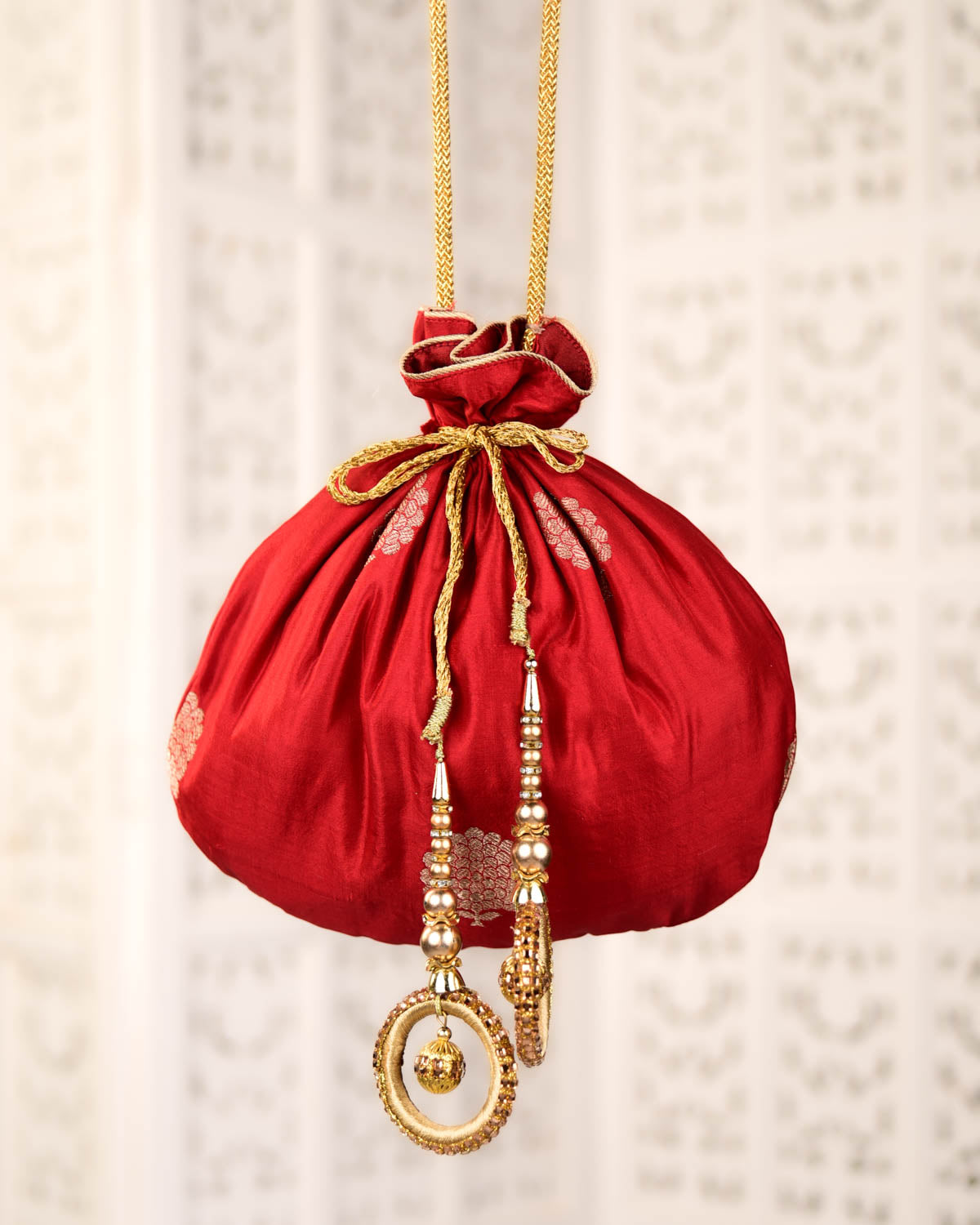 Red Banarasi Gold Zari Buta Brocade Handwoven Silk Potli 10"x10"-HolyWeaves