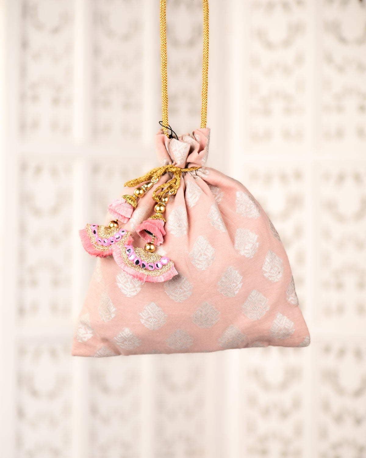 Baby Pink Banarasi Silver Zari Buta Brocade Handwoven Cotton Potli 11"x10"-HolyWeaves