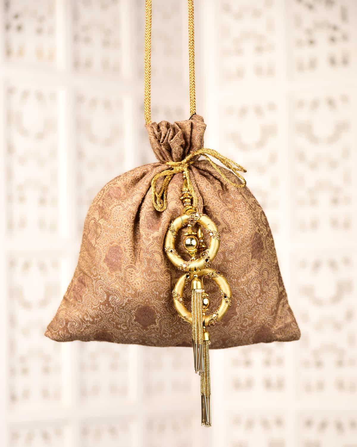 Beige Banarasi Resham Damask Tanchoi Handwoven Cotton Potli with Gold Zari Accents 11"x10"-HolyWeaves