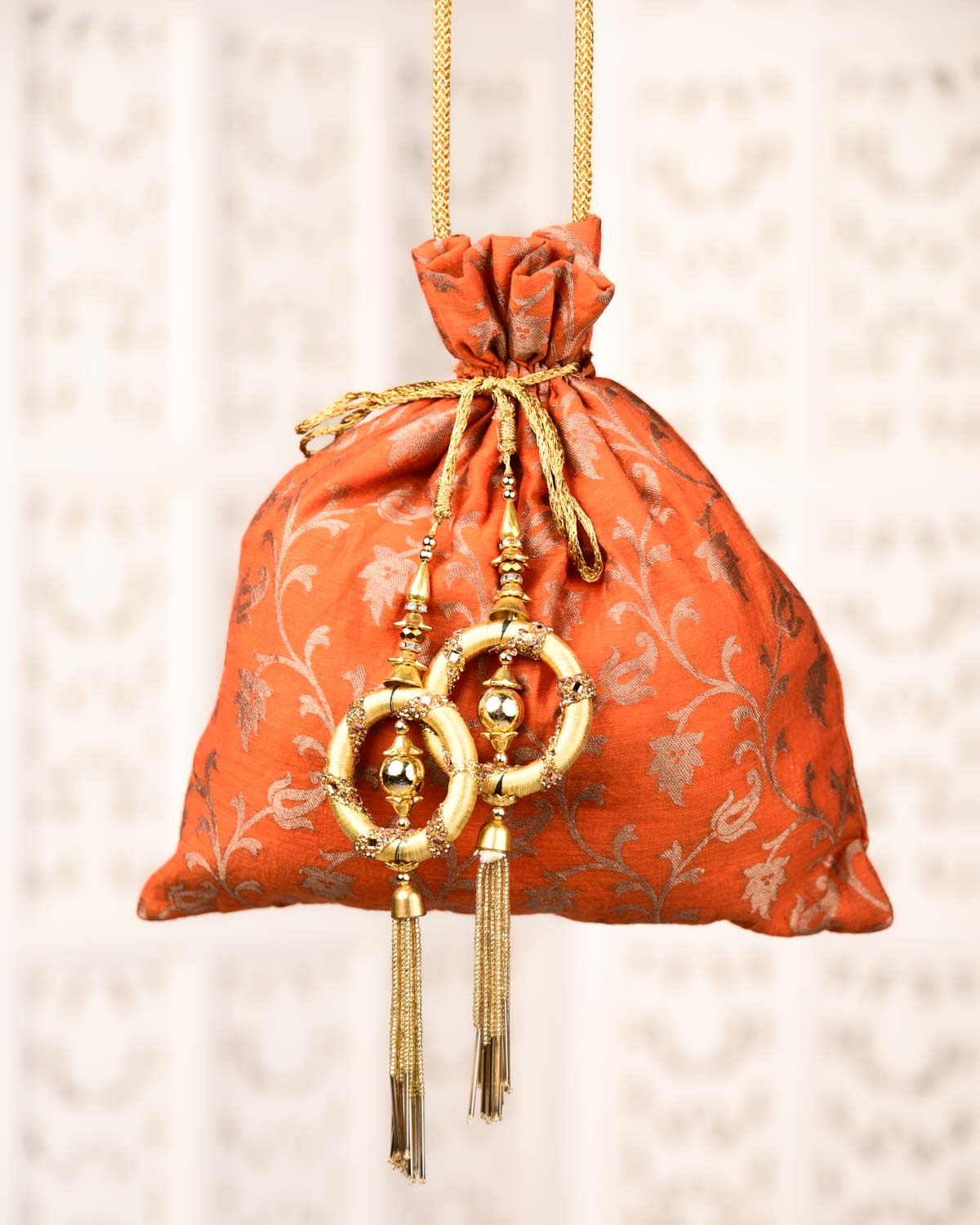 Orange Banarasi Gold Zari Floral Jaal Brocade Handwoven Monga Silk Potli 11"x10"-HolyWeaves
