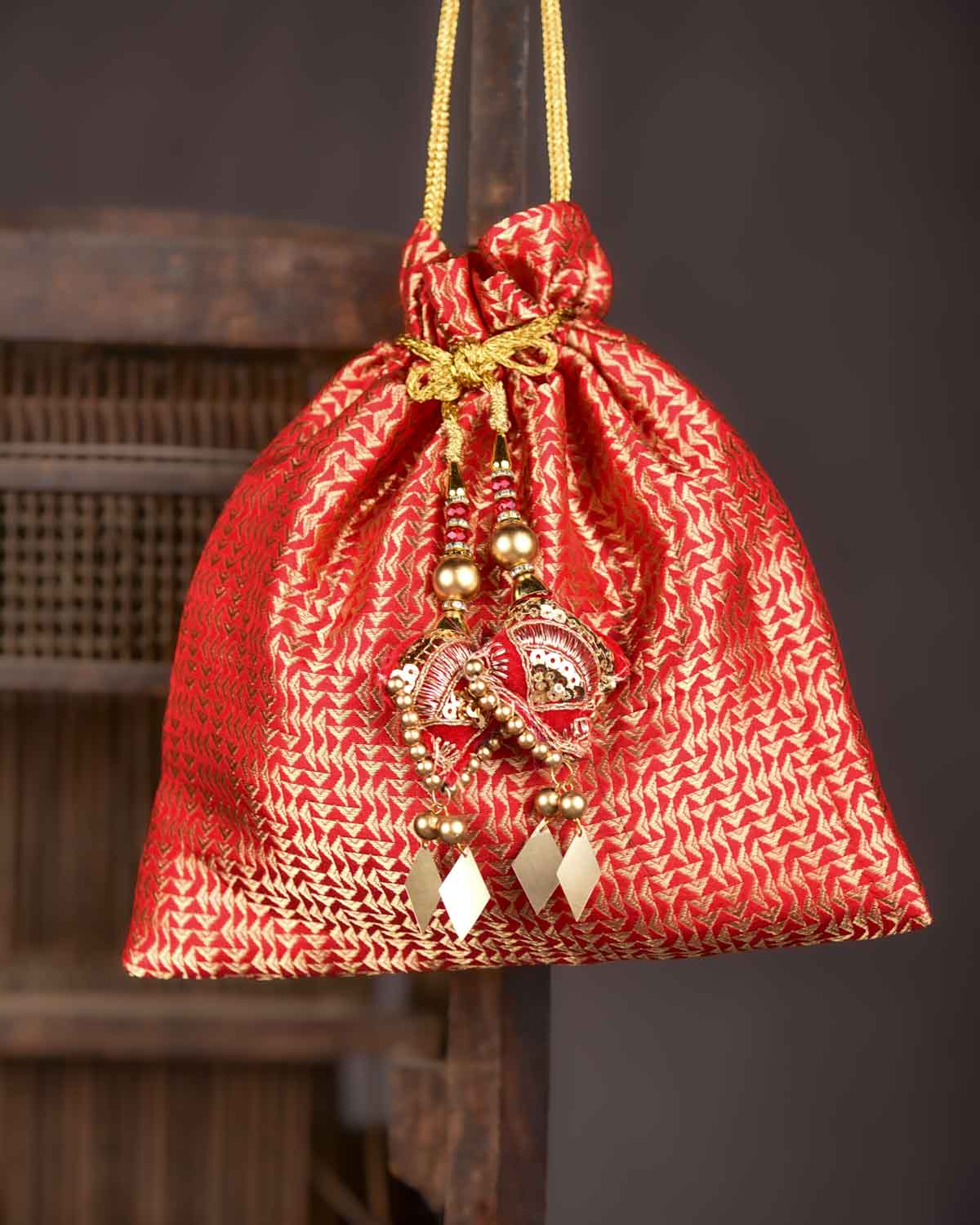 Red Banarasi Gold Zari Brocade Handwoven Katan Silk Potli 10.5"x10"-HolyWeaves