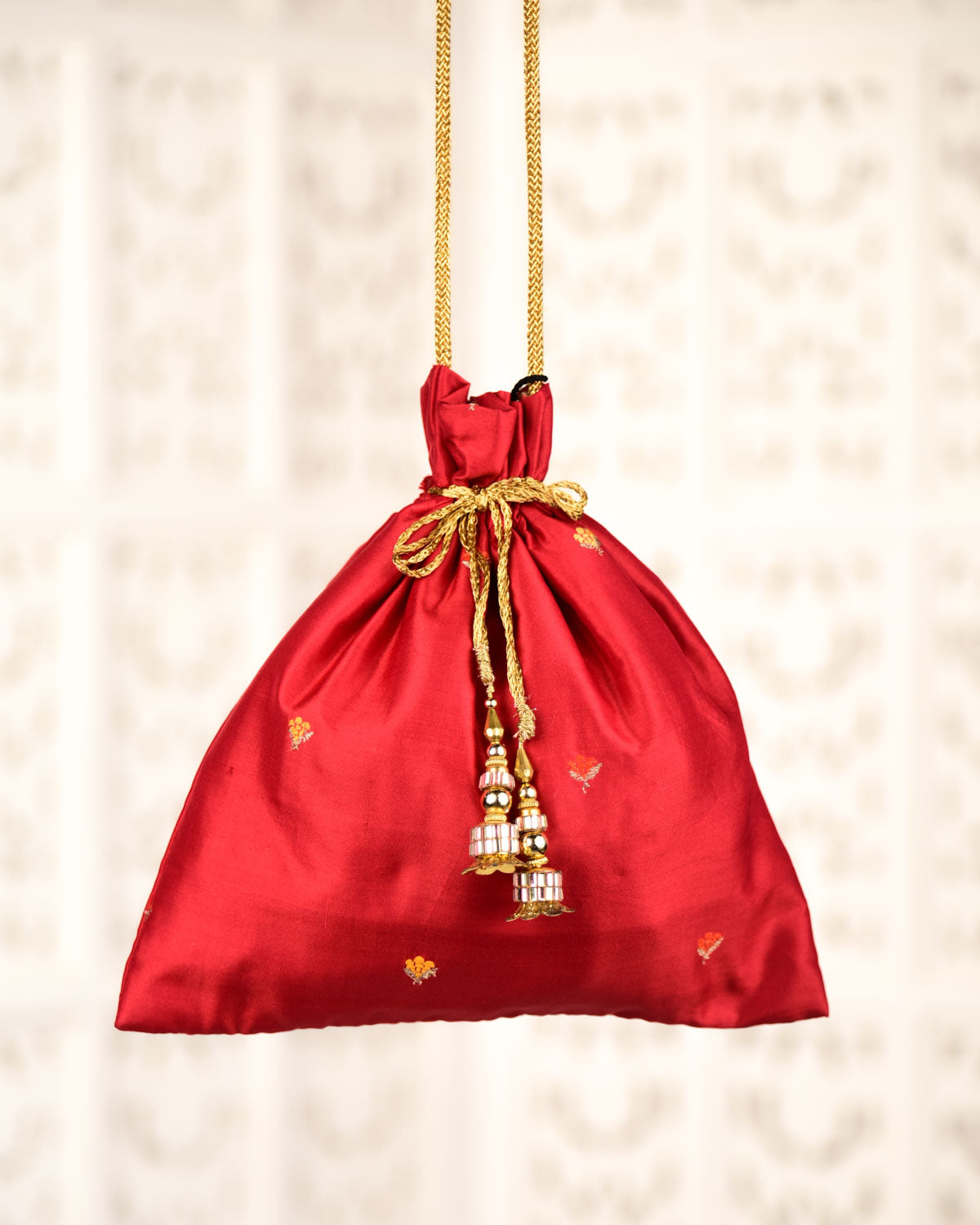 Red Banarasi Kadhuan Brocade Handwoven Katan Silk Potli 10.5"x10"-HolyWeaves