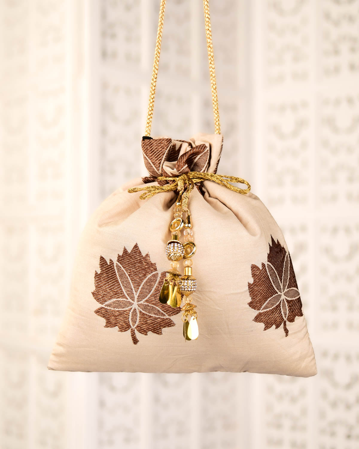 Beige Banarasi Antique Zari Buta Kadhuan Brocade Handwoven Muga Silk Potli 10.5"x10"-HolyWeaves