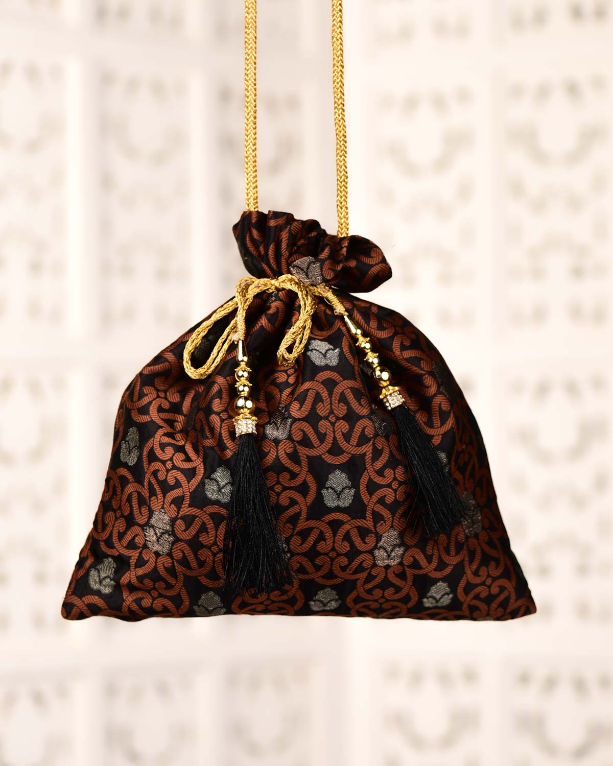 Black Banarasi Sona Rupa Buti Cutwork Brocade Handwoven Katan Silk Potli 10.5"x10"-HolyWeaves