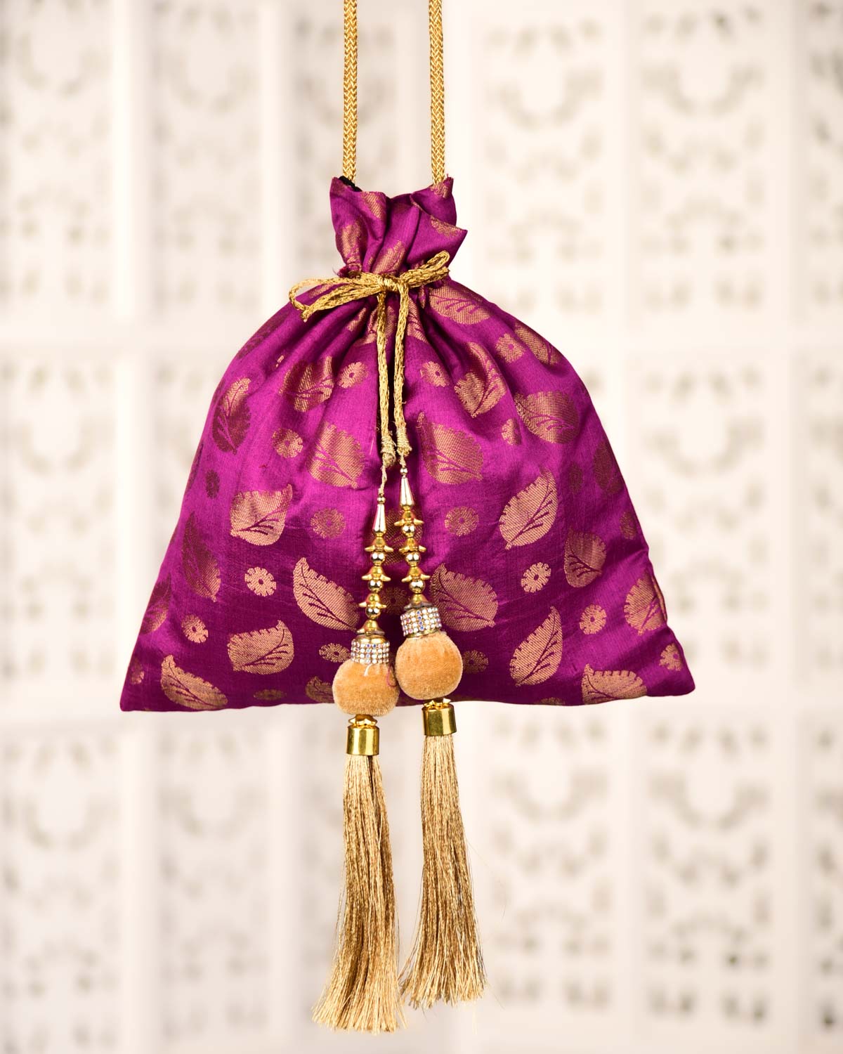 Magenta Banarasi Cutwork Brocade Handwoven Spun Silk Potli 10.5"x10"-HolyWeaves