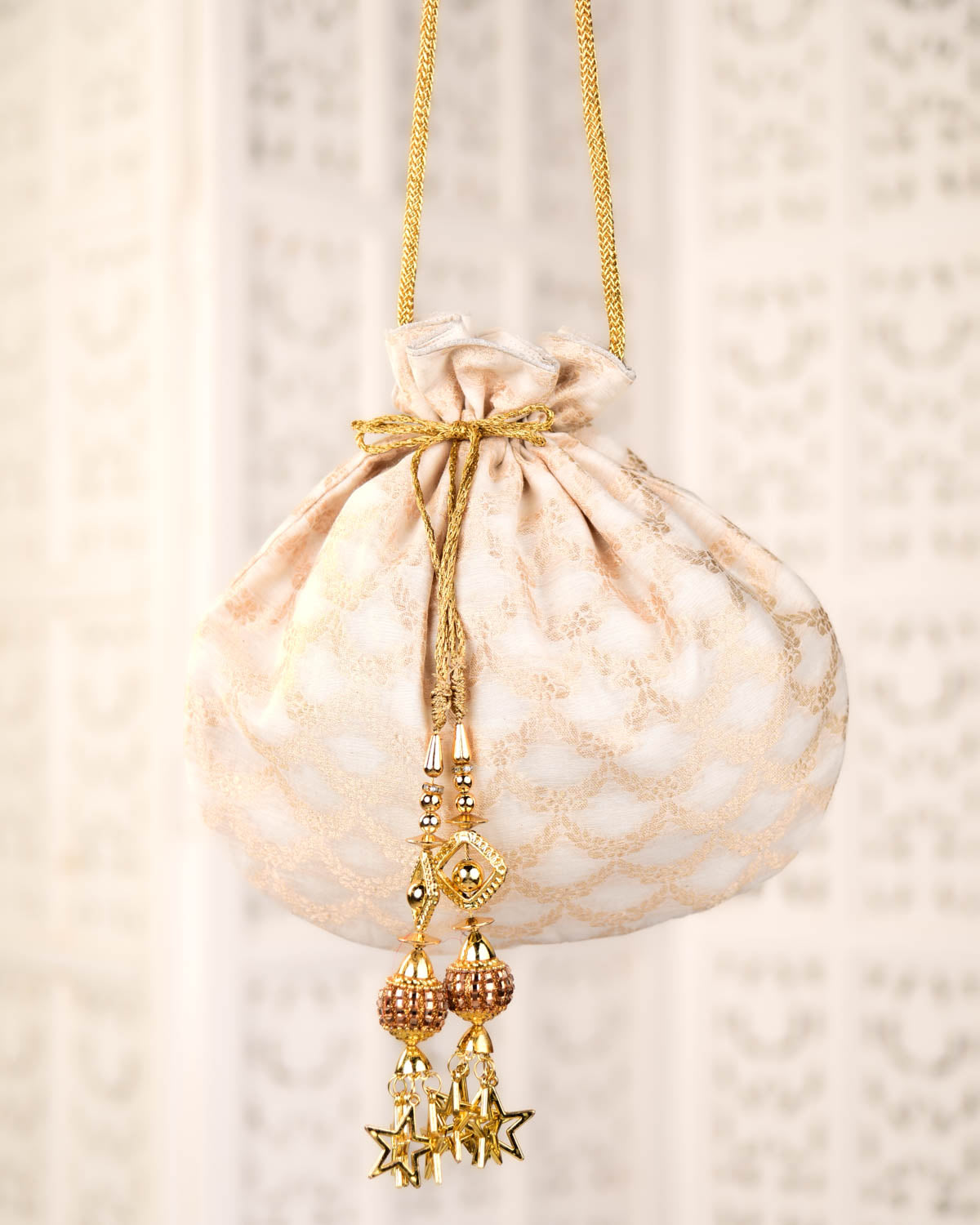 Cream Banarasi Gold Zari Cutwork Brocade Handwoven Cotton Silk Potli 10"x10"-HolyWeaves