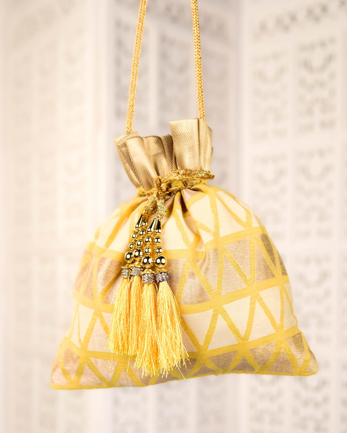 Yellow Banarasi Resham Gold Zari Cutwork Brocade Handwoven Cotton Silk Potli 10"x10"-HolyWeaves