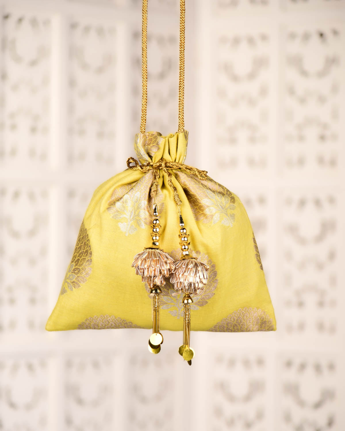 Lemon Yellow Banarasi Gold & Silver Zari Alfi Buta Cutwork Brocade Handwoven Cotton Silk Potli 10.5"x10"-HolyWeaves