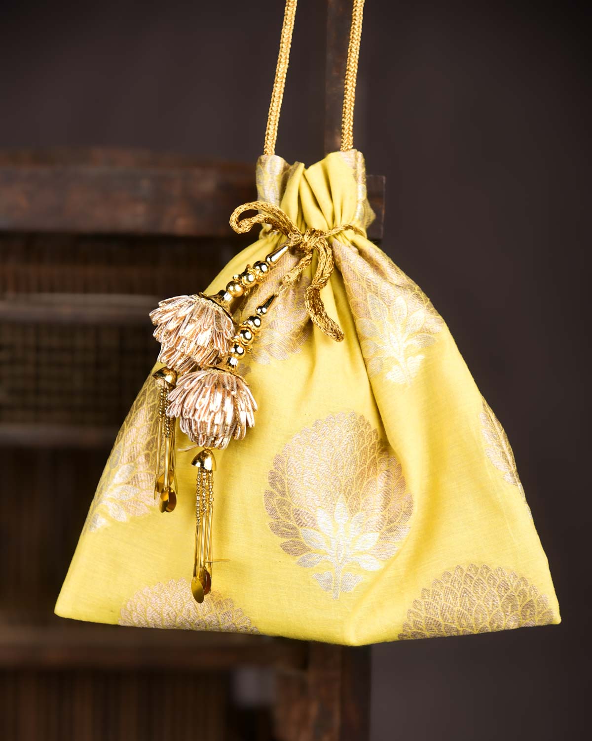 Lemon Yellow Banarasi Gold & Silver Zari Alfi Buta Cutwork Brocade Handwoven Cotton Silk Potli 10.5"x10"-HolyWeaves