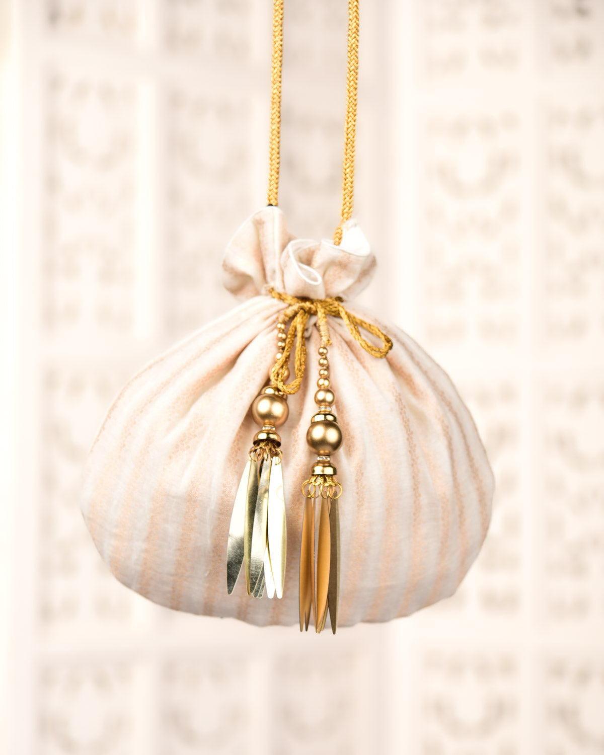 Cream Banarasi Gold Zari Stripe Cutwork Brocade Handwoven Cotton Silk Potli 10"x10"-HolyWeaves