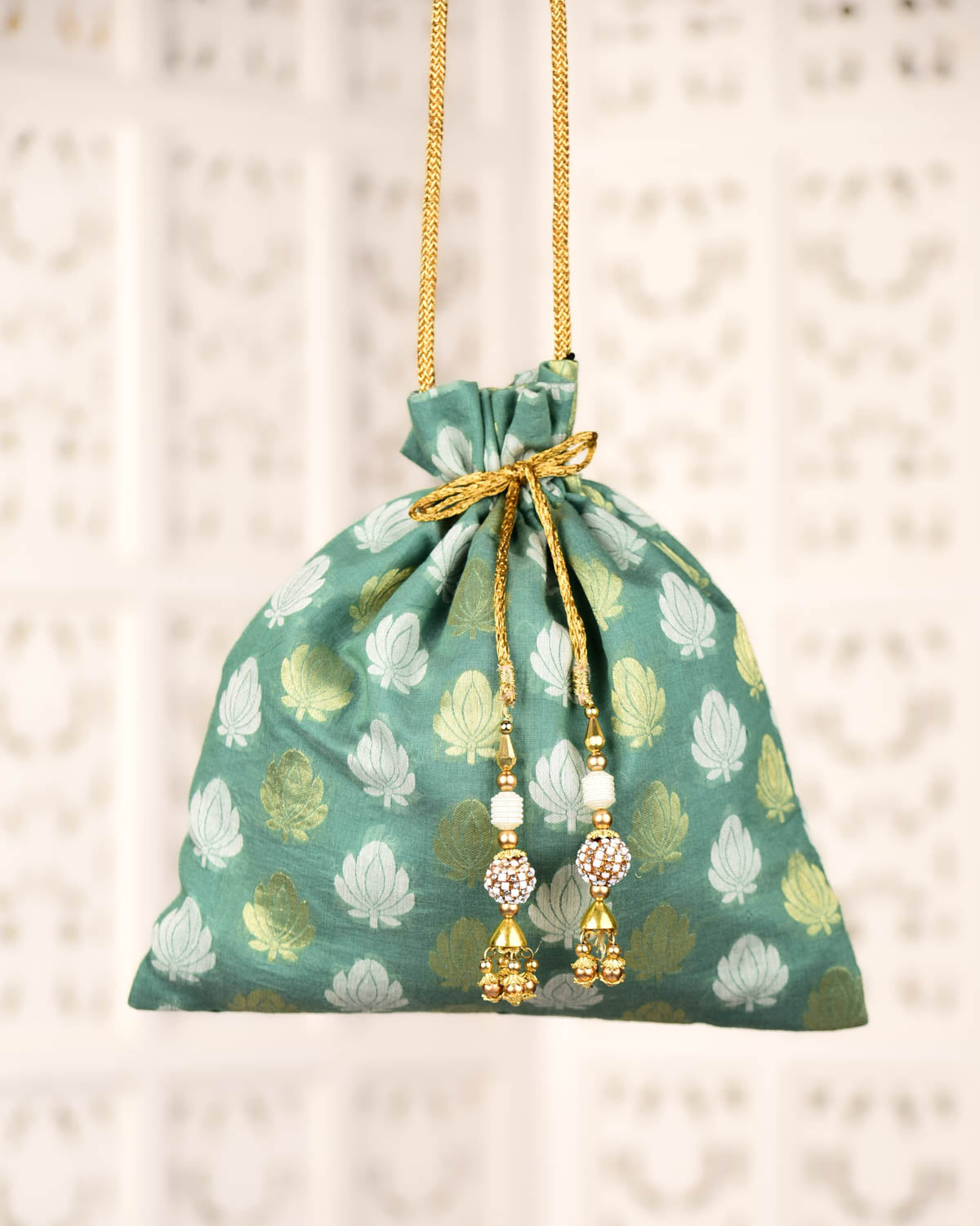 Green Banarasi Gold & Resham Zari Cutwork Brocade Handwoven Cotton Silk Potli 10.5"x10"-HolyWeaves