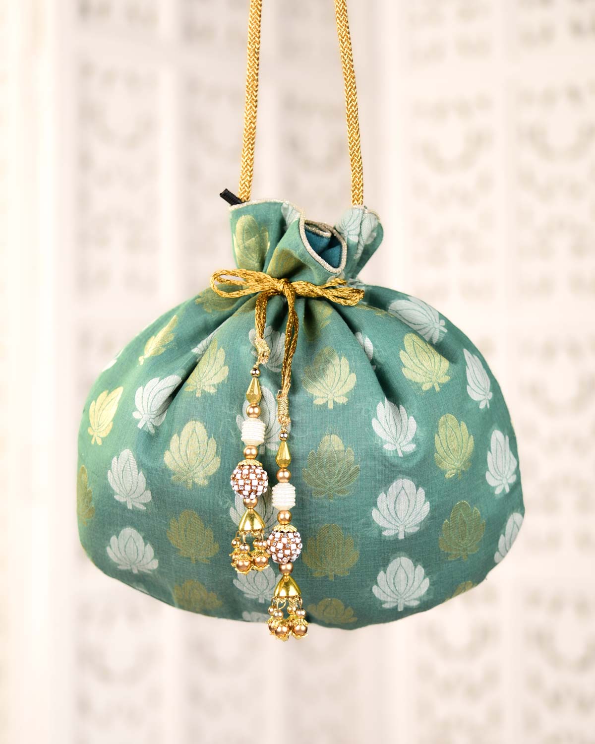 Green Banarasi Gold & Resham Zari Cutwork Brocade Handwoven Cotton Silk Potli 10"x10"-HolyWeaves