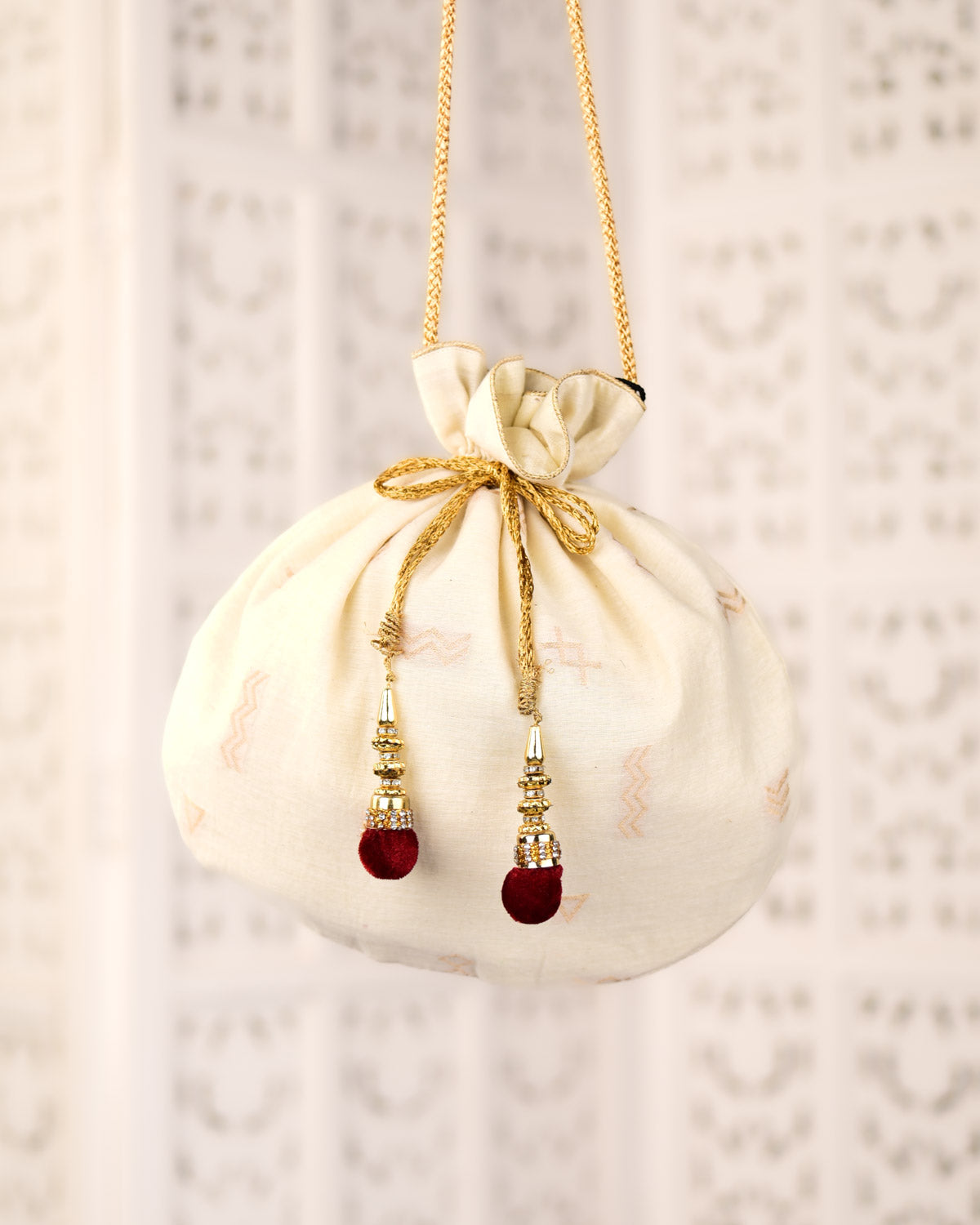 Cream Banarasi Gold Zari Cutwork Brocade Handwoven Cotton Silk Potli 10"x10"-HolyWeaves