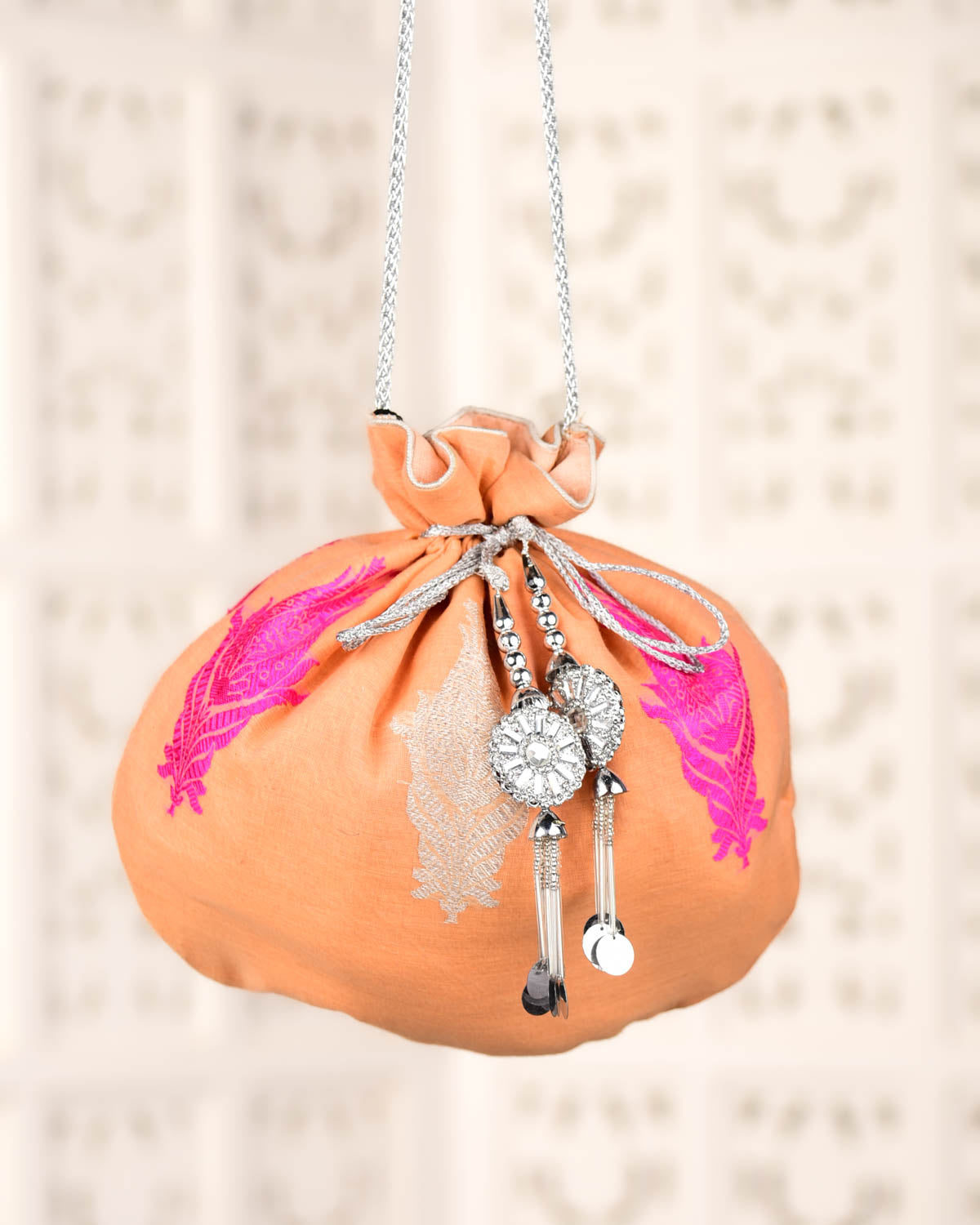 Orange Banarasi Gold Zari Kadhuan Brocade Handwoven Cotton Silk Potli 10"x10"-HolyWeaves