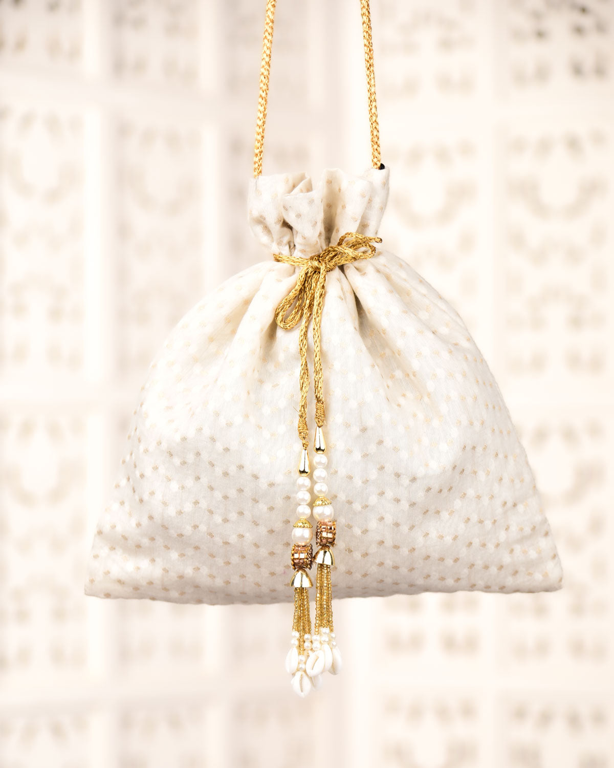 Cream Banarasi Gold & Resham Zari Cutwork Brocade Handwoven Cotton Silk Potli 10.5"x10"-HolyWeaves