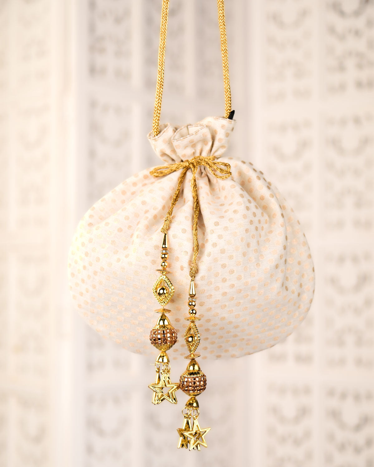 Cream Banarasi Gold Zari Dott Buti Cutwork Brocade Handwoven Cotton Silk Potli 10"x10"-HolyWeaves