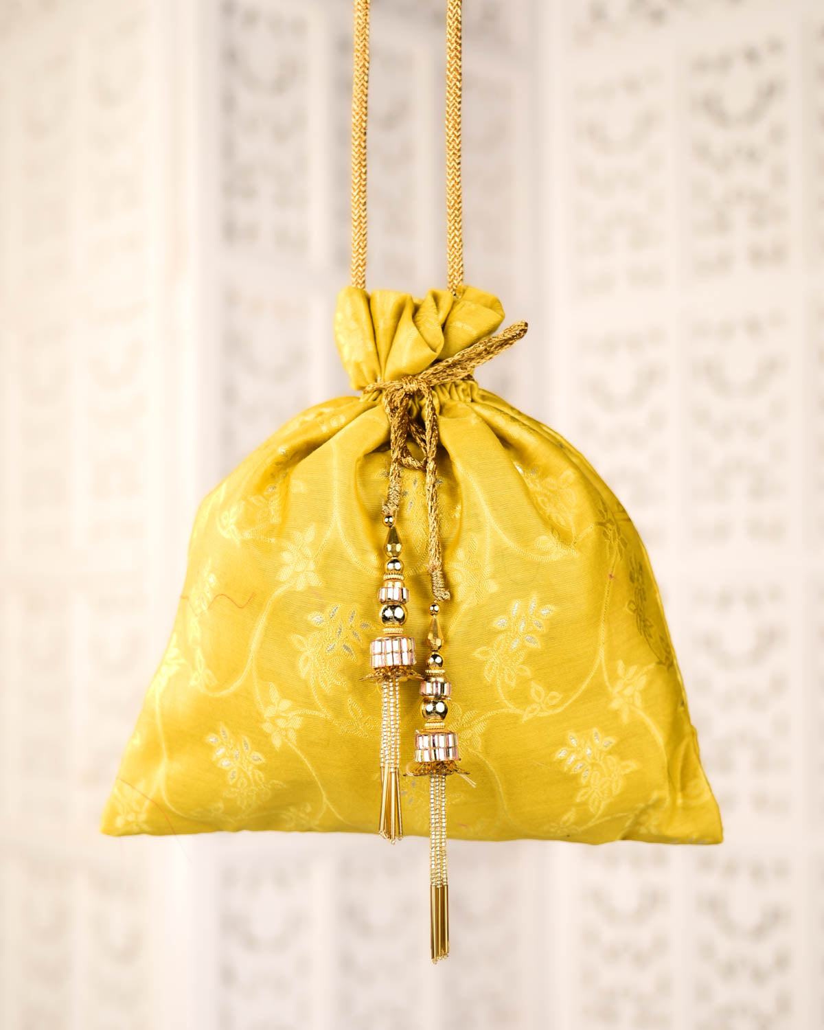 Yellow Banarasi Resham Jaal Zari Essence Cutwork Brocade Handwoven Art Silk Potli 10.5"x10"-HolyWeaves