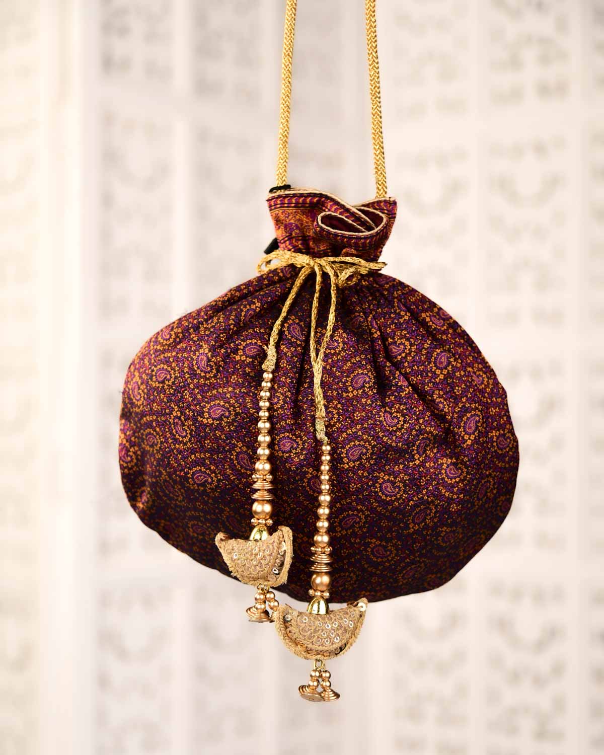 Purple Banarasi Tehari Jamawar Brocade Handwoven Katan Potli 10"x10"-HolyWeaves