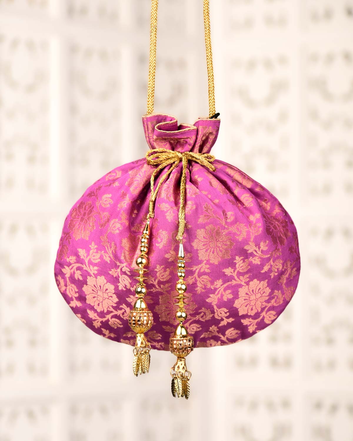 Pink Banarasi Katan Antique Zari Cutwork Brocade Handwoven Potli 10"x10"-HolyWeaves