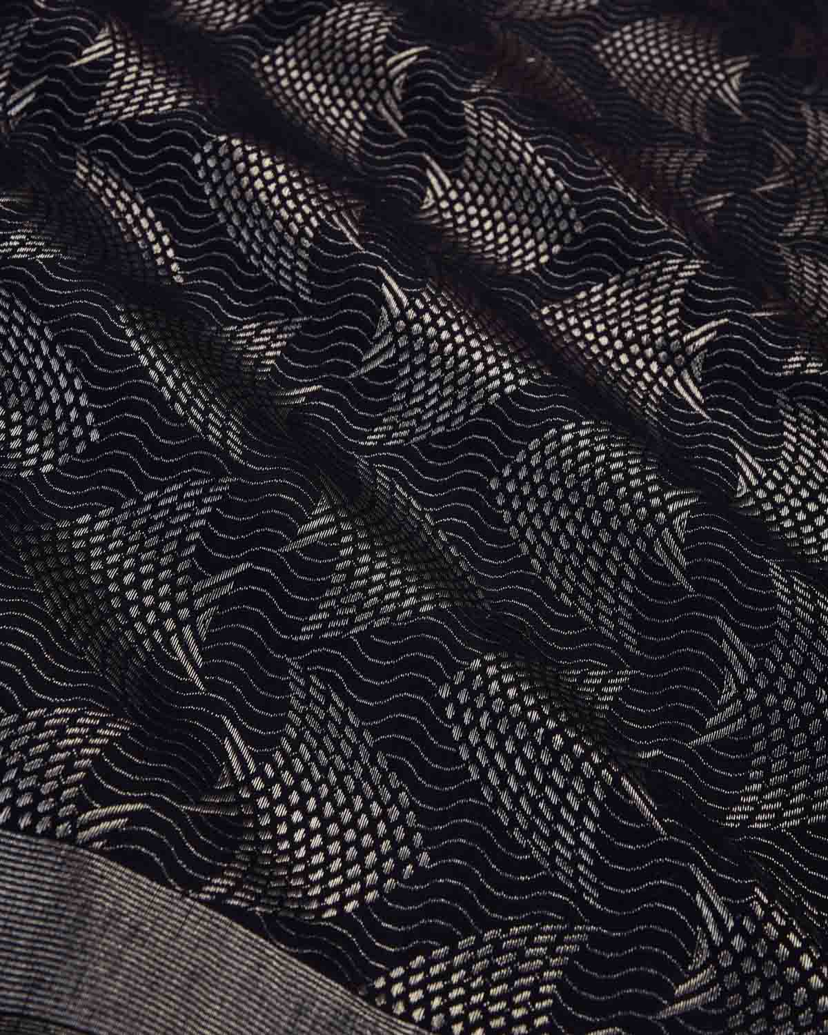 Navy Blue Banarasi Oceanic Pisces Silver Zari Brocade Handwoven Silk Wool Shawl-HolyWeaves