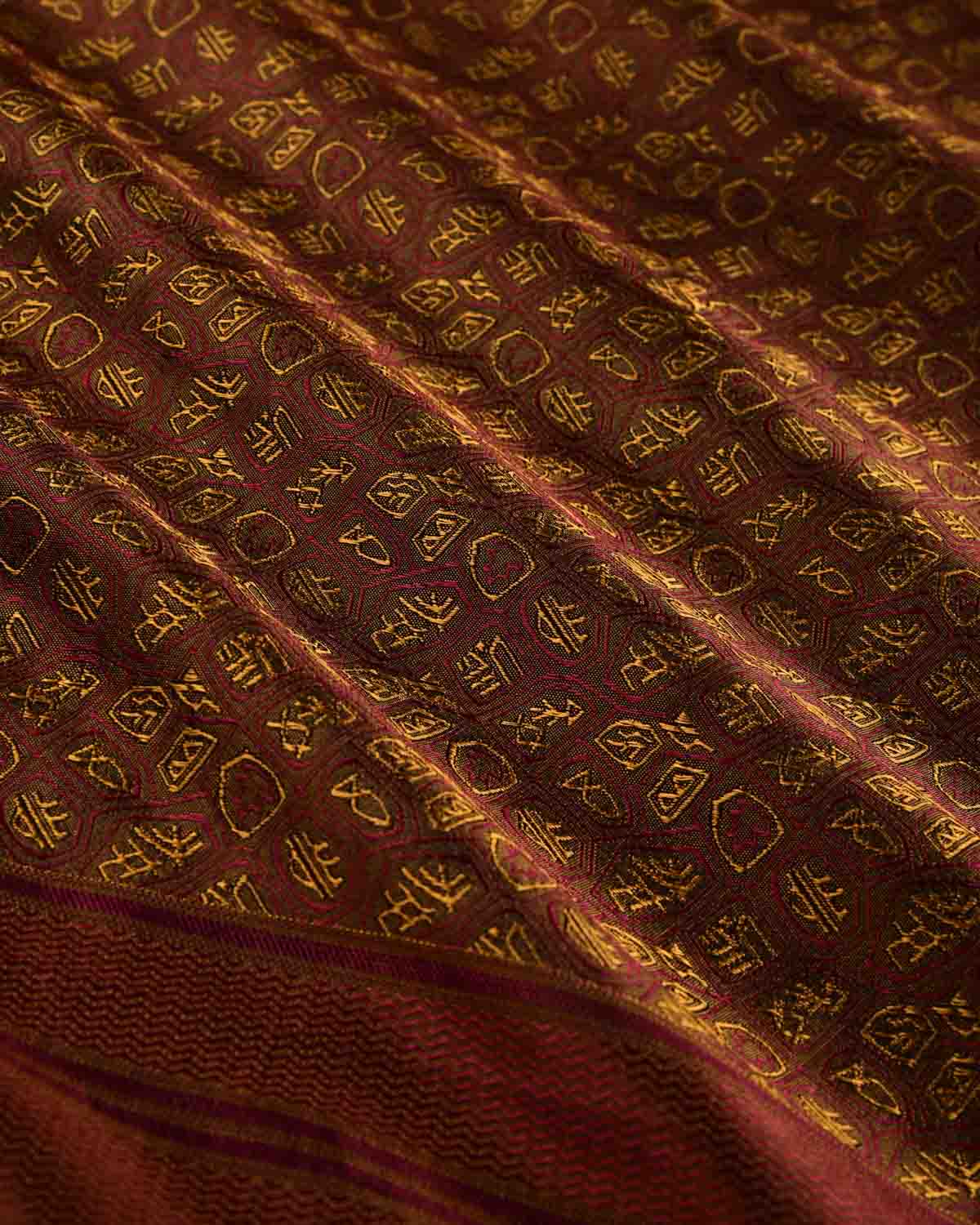 Mustard On Maroon Banarasi Tribal Tanchoi Handwoven Silk Scarf 72"x21"-HolyWeaves