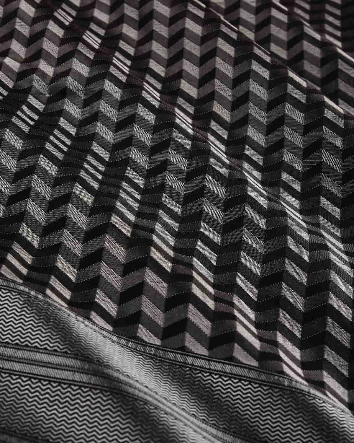 Gray & Black Banarasi Striped Chevron Tanchoi Handwoven Silk Scarf 72"x21"-HolyWeaves