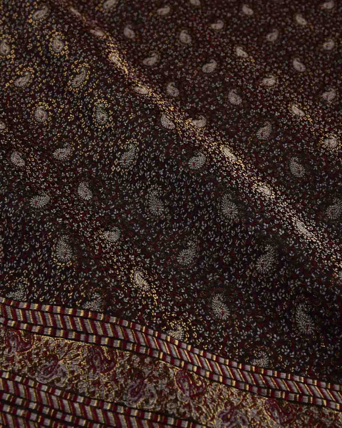 Black Banarasi Gold Maroon & Gray Tehri Paisley Jamawar Brocade Handwoven Silk Wool Shawl-HolyWeaves