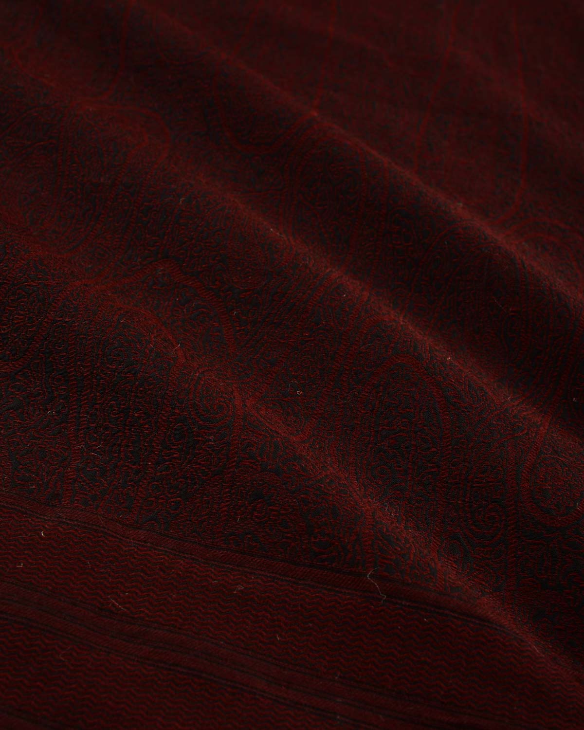 Midnight Maroon Banarasi Paisley Tanchoi Handwoven Silk Wool Scarf 72"x21"-HolyWeaves