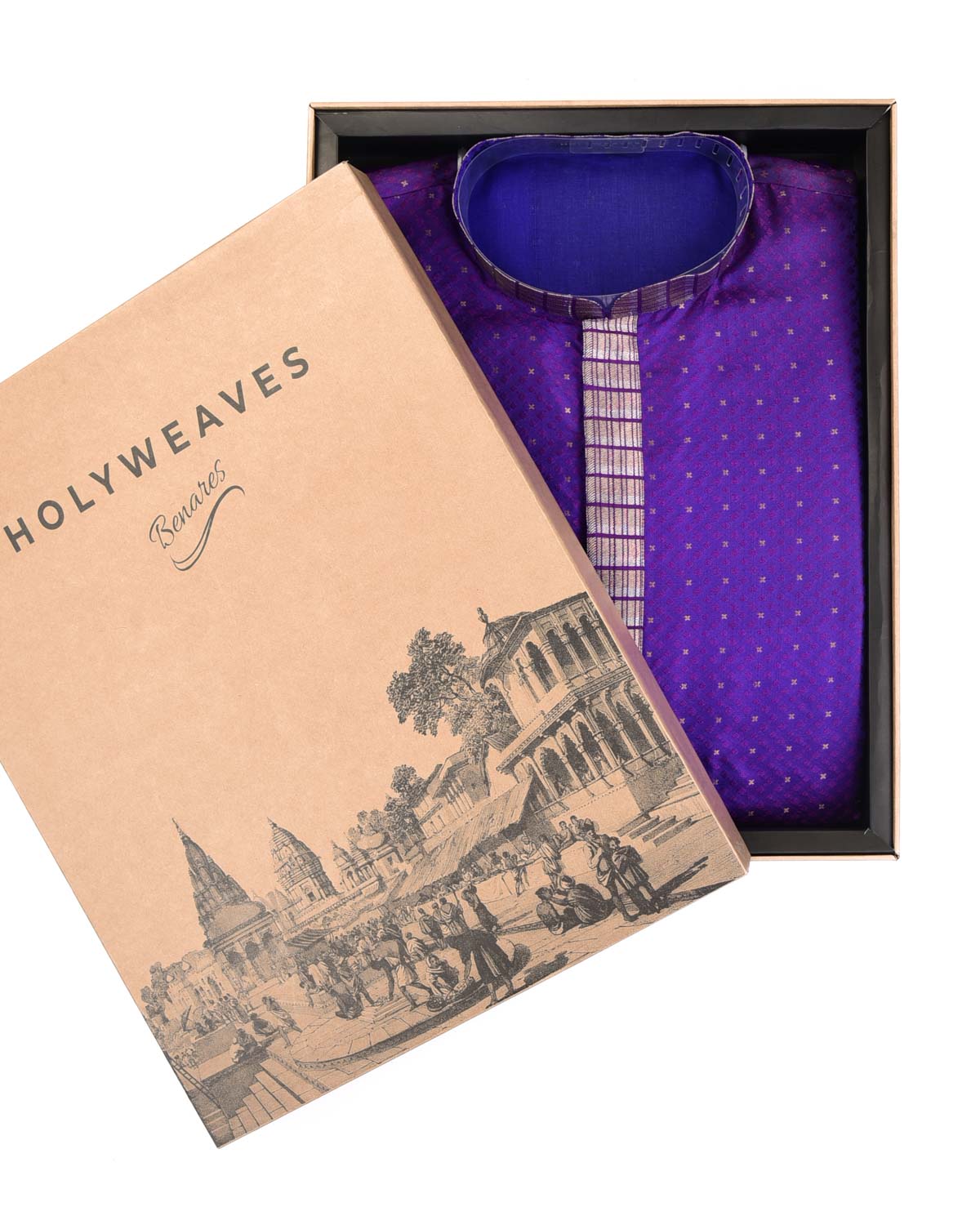 Purple Tanchoi Silk Mens Kurta Pyjama with Gold Zari Acents-HolyWeaves