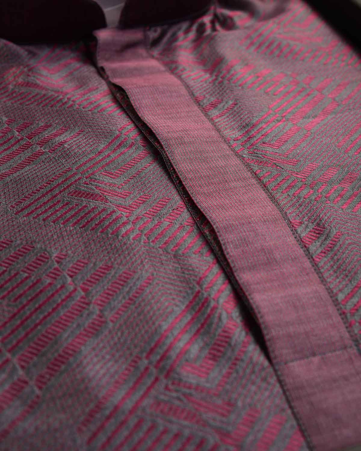 Maroon On Gray Glitch Chevron Tanchoi Handwoven Silk Mens Kurta Pyjama-HolyWeaves