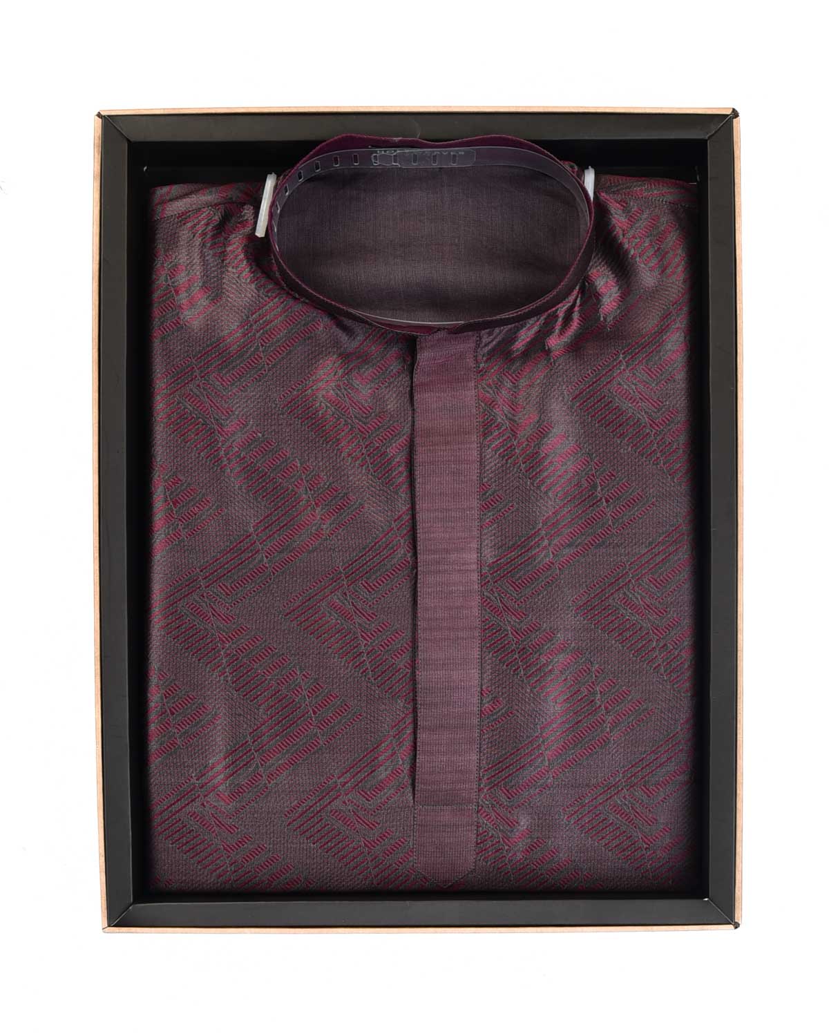 Maroon On Gray Glitch Chevron Tanchoi Handwoven Silk Mens Kurta Pyjama-HolyWeaves