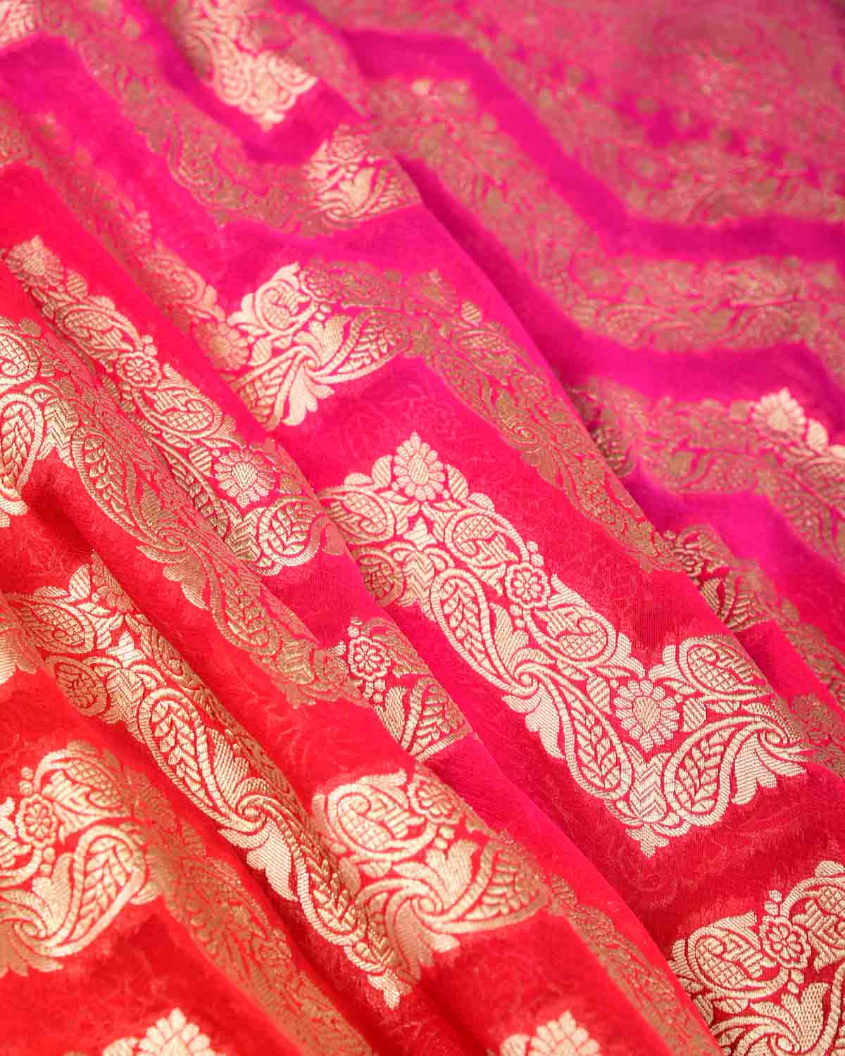 Ombre Red-Pink Gold Zari Ornament Chevron Cutwork Brocade Handwoven Khaddi Georgette Banarasi Saree-HolyWeaves