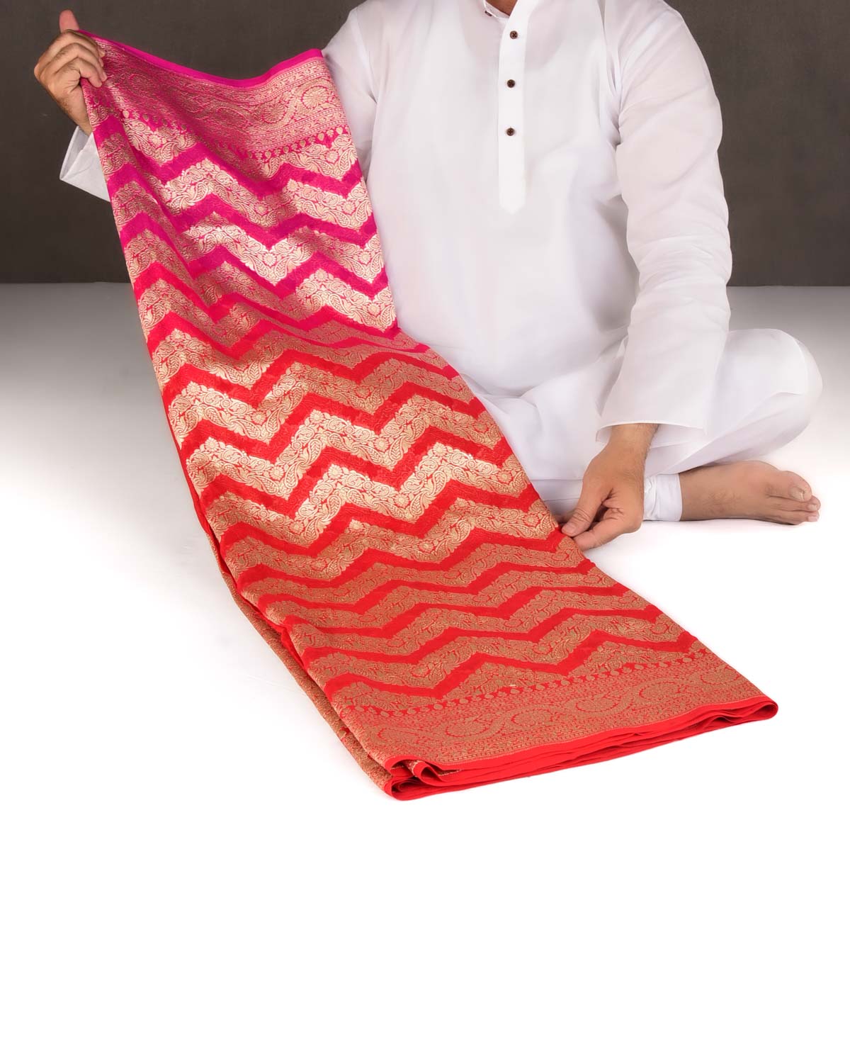 Ombre Red-Pink Gold Zari Ornament Chevron Cutwork Brocade Handwoven Khaddi Georgette Banarasi Saree-HolyWeaves