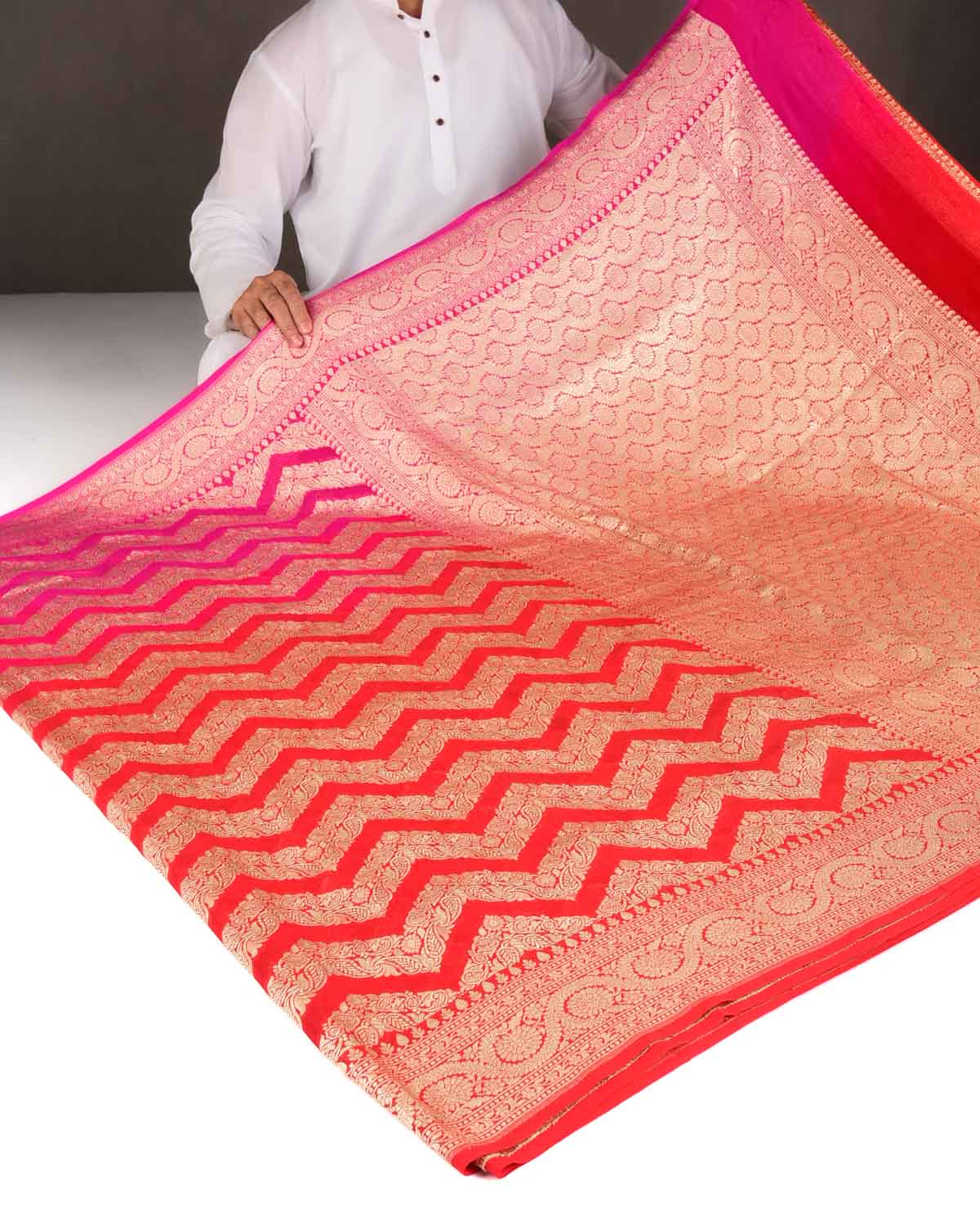 Ombre Red-Pink Gold Zari Ornament Chevron Cutwork Brocade Handwoven Khaddi Georgette Banarasi Saree-HolyWeaves