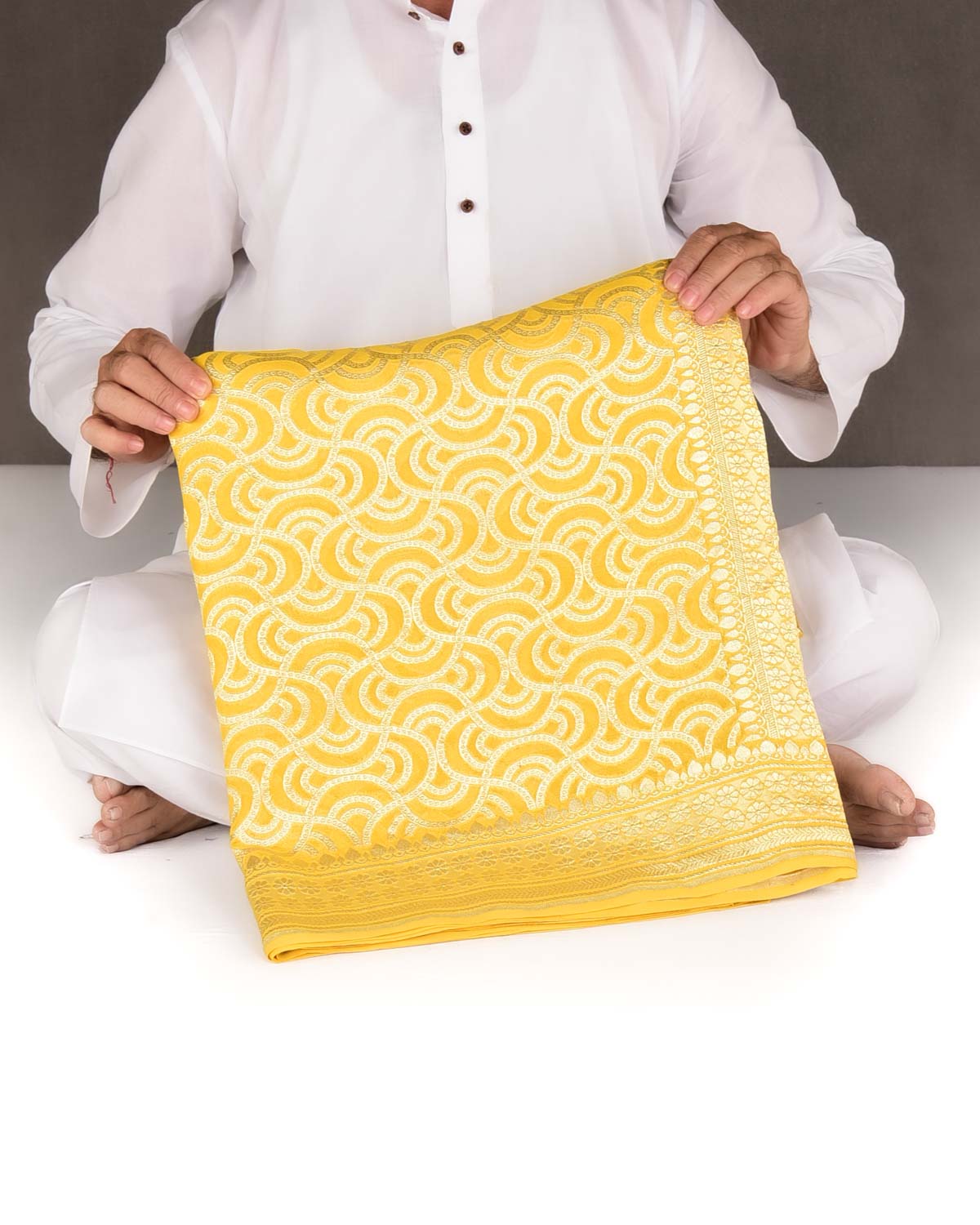 Yellow Gold Zari Labyrinth Grids Cutwork Brocade Handwoven Khaddi Georgette Banarasi Saree-HolyWeaves