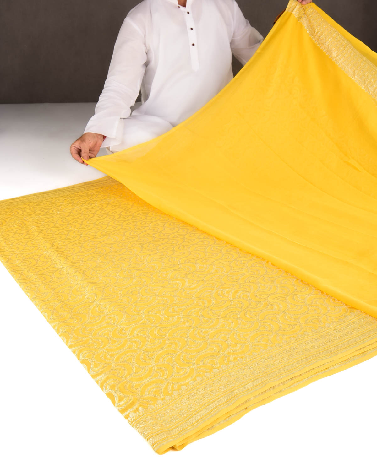 Yellow Gold Zari Labyrinth Grids Cutwork Brocade Handwoven Khaddi Georgette Banarasi Saree-HolyWeaves