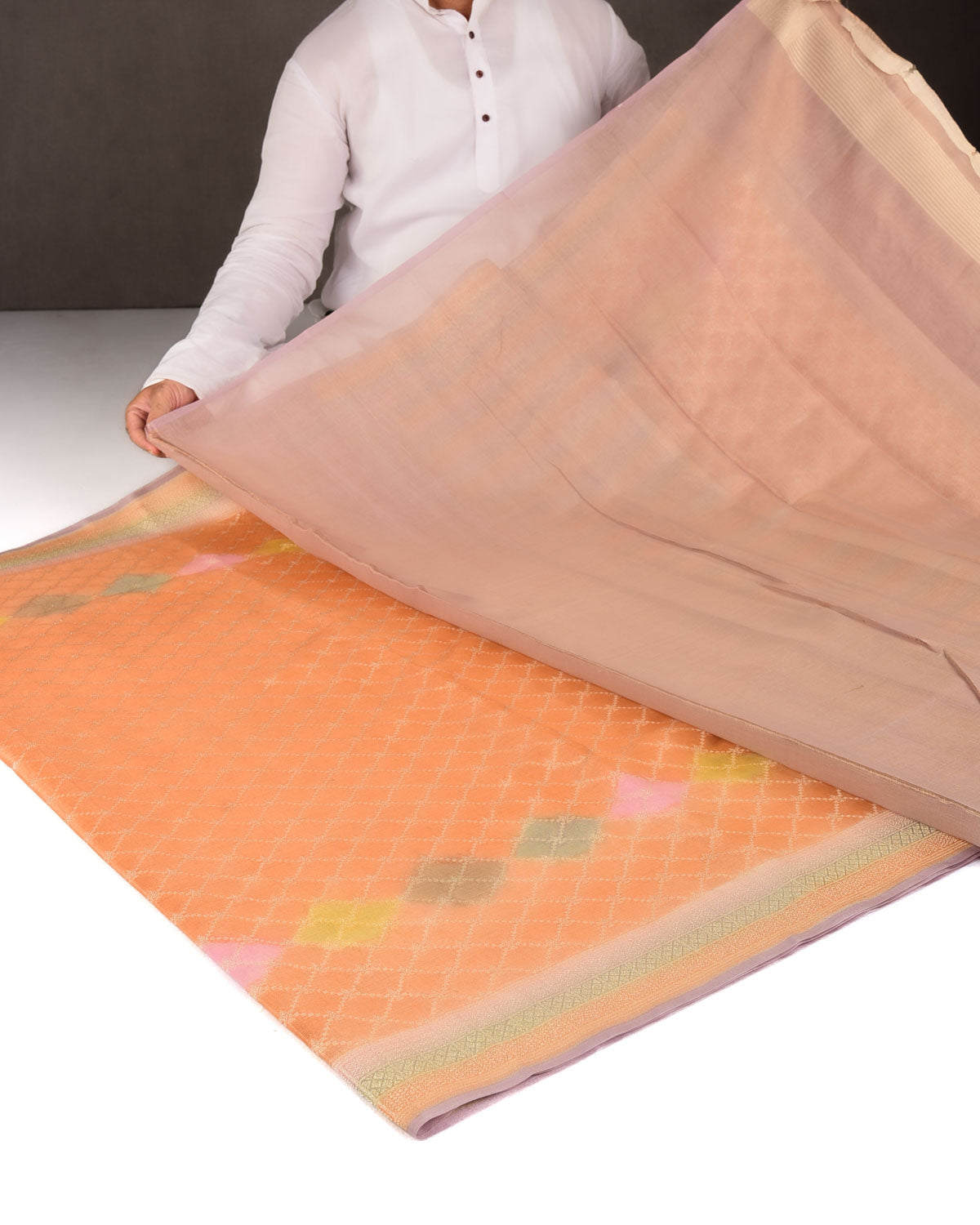 Orange Hand Brush Dye Gold Zari Jangla Cutwork Brocade Woven Cotton Tissue Banarasi Saree