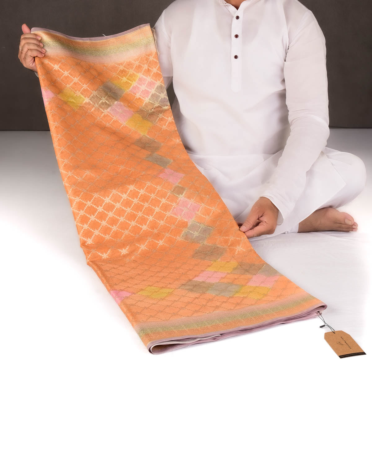 Orange Hand Brush Dye Gold Zari Jangla Cutwork Brocade Woven Cotton Tissue Banarasi Saree