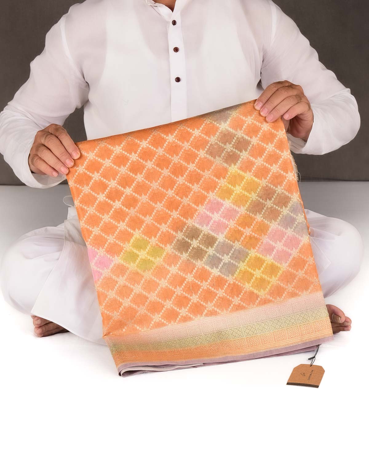 Orange Hand Brush Dye Gold Zari Jangla Cutwork Brocade Woven Cotton Tissue Banarasi Saree