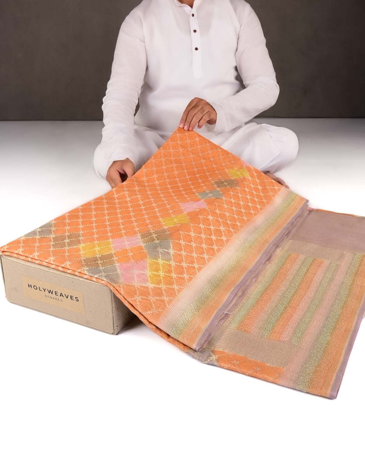 Orange Hand Brush Dye Gold Zari Jangla Cutwork Brocade Woven Cotton Tissue Banarasi Saree