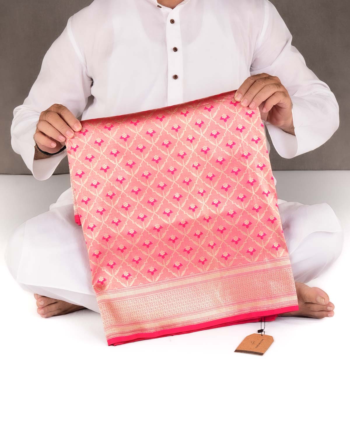 Metallic Fuchsia Pink Gold Zari Grids Cutwork Brocade Handwoven Katan Tissue Banarasi Saree-HolyWeaves