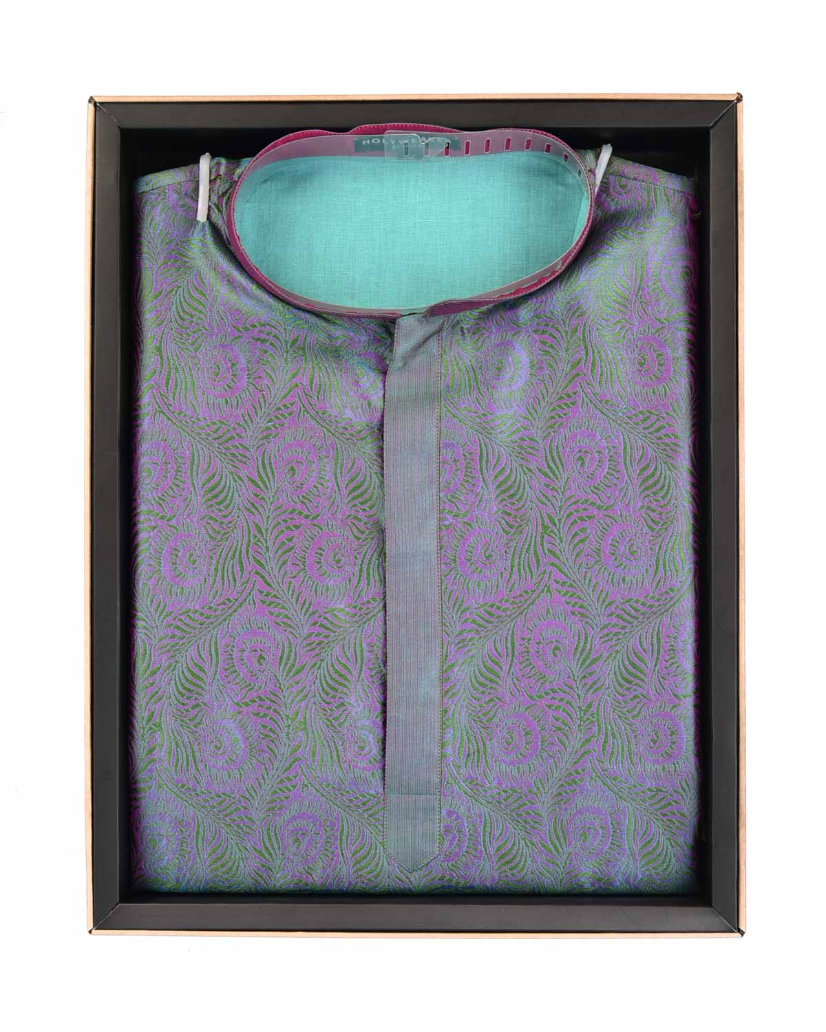 Shot Green Resham Morpankh Tanchoi Handwoven Silk Mens Kurta Pyjama-HolyWeaves