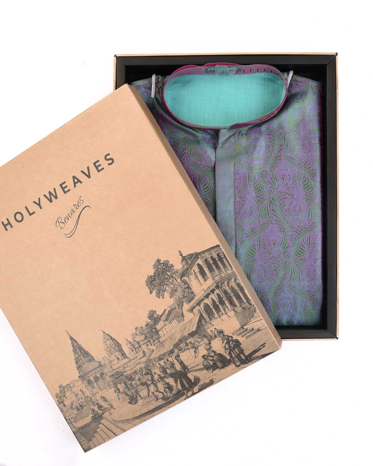 Shot Green Resham Morpankh Tanchoi Handwoven Silk Mens Kurta Pyjama-HolyWeaves