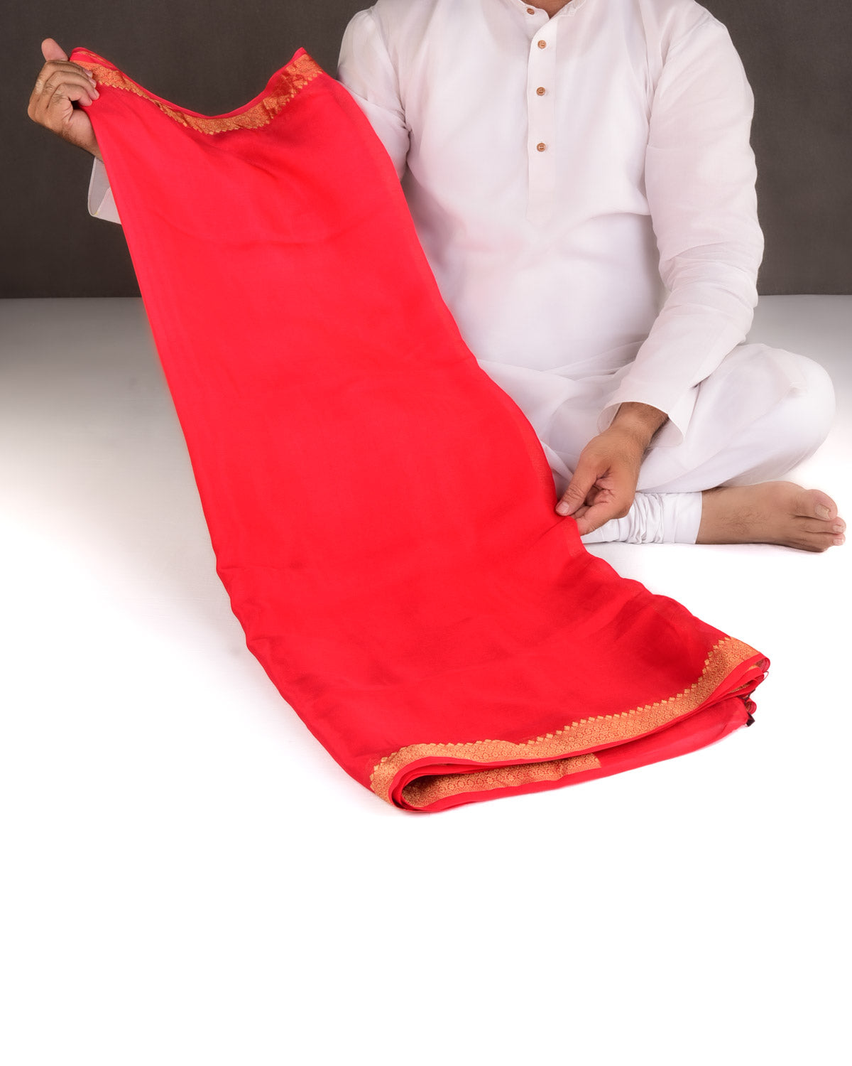 Ombre Red Gold Zari Border Pallu Brocade Woven Khaddi Georgette Banarasi Saree-HolyWeaves